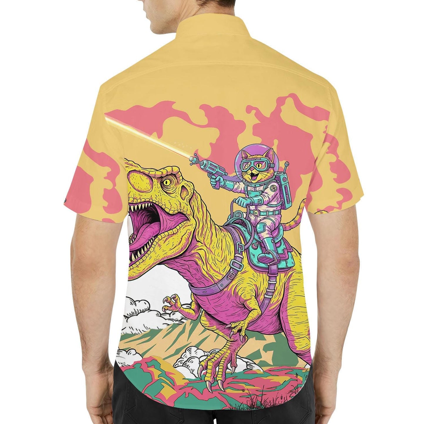 Astronaut Cat Riding Dinosaur Hawaiian Shirt