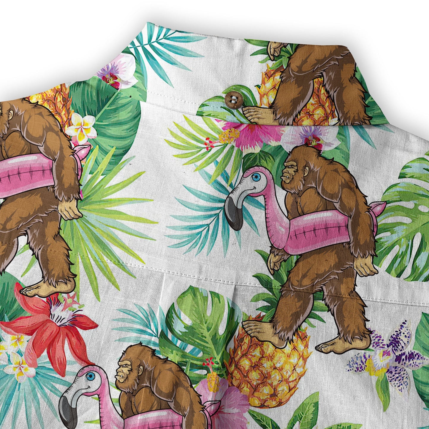 Camo Bigfoot Hibiscus Sasquatch Summer Beach Aloha Short Sleeve Button Down Hawaiian Shirt