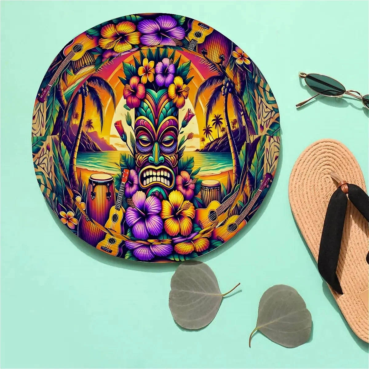 Hawaii Tiki Unisex Printed Fisherman Hat Featuring Palm Trees, Hibiscus Flowers, and Drumsticks, Perfect for Outdoor Activities