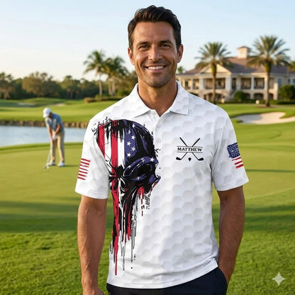 Personalized American Skull Flag Polo Shirt, Golf Gear