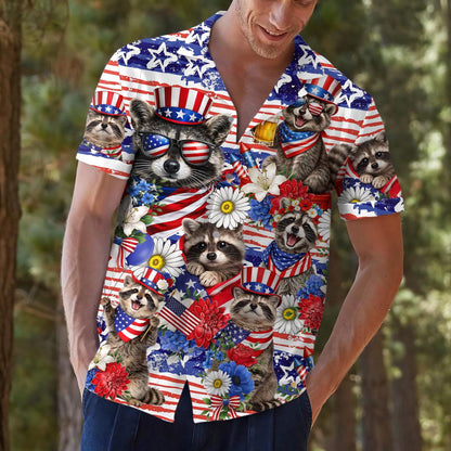 Patriotic Raccoon Hawaiian Shirt, Uncle Sam USA Aloha Button Down