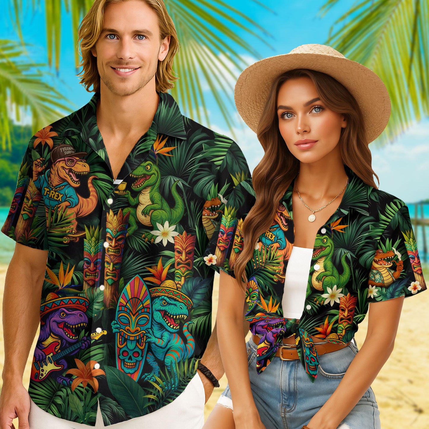 Dinosaur Tropical Hawaiian Tiki Shirts, Dinosaur Summer Beach Shirt
