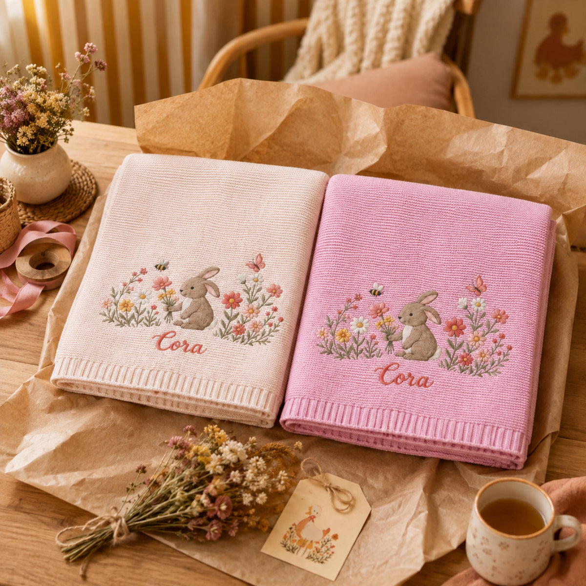 Custom Embroidered Bunny Floral Baby Name Blanket