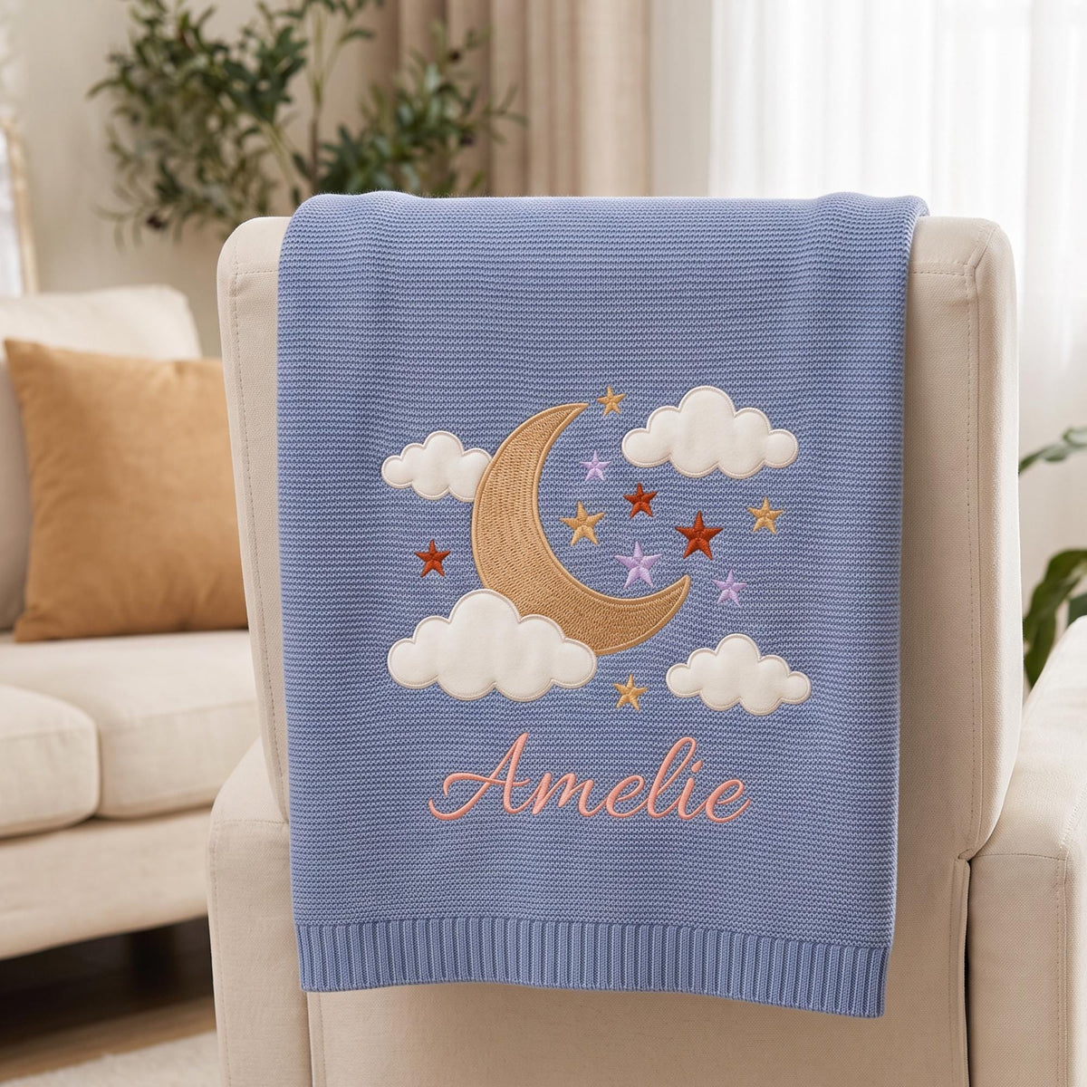 Custom Moon& Star Baby Knitted Embroidery Blanket
