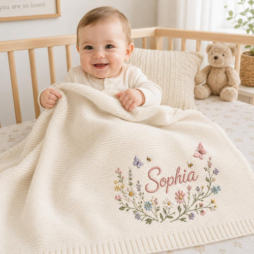 Personalized Embroidery Floral Wreath Baby Blanket