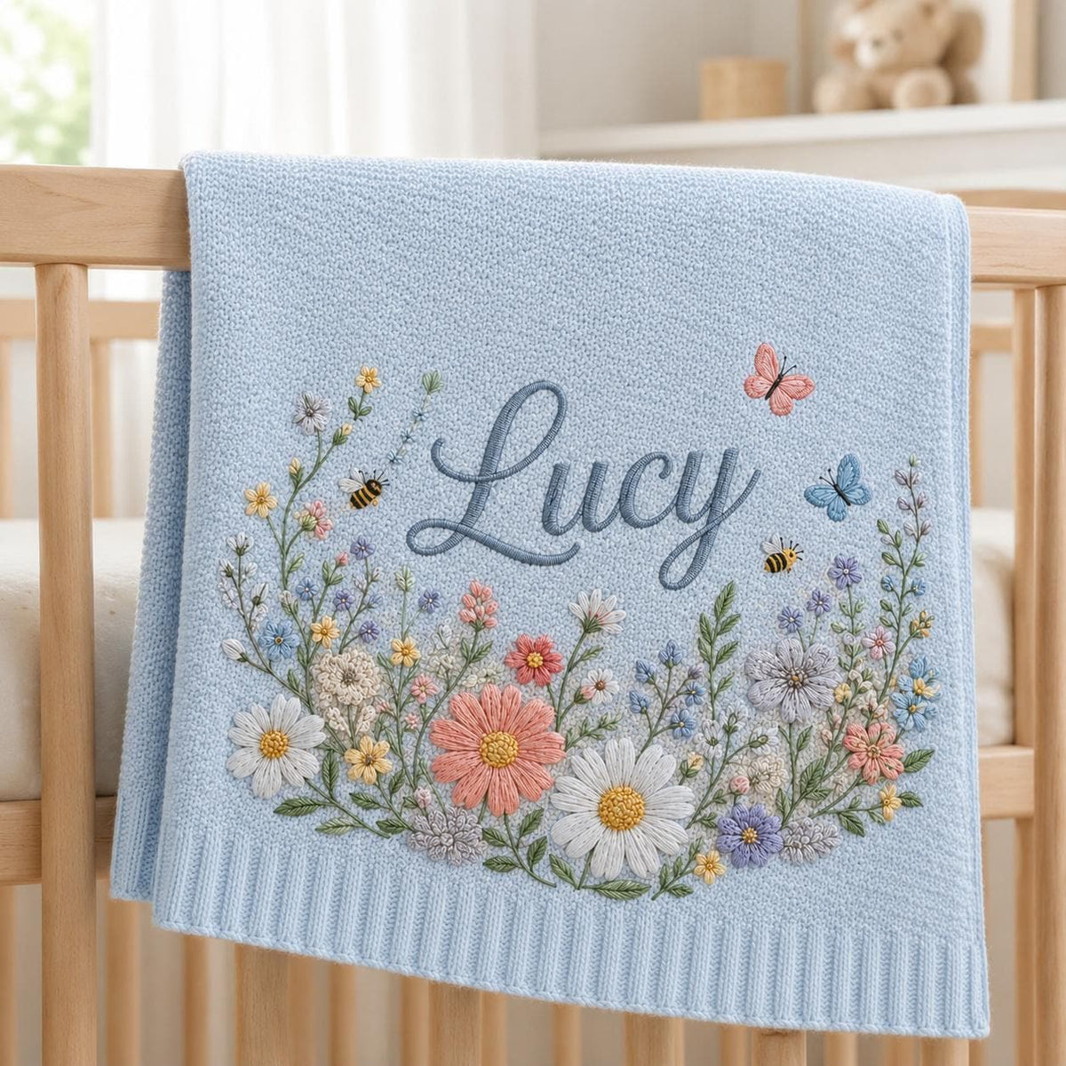 Personalized Floral And Butterfly Baby Blanket Embroidery