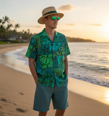 Hawaiian Tribal Volume Tiki Aloha Vintage Line Turtle Print Shirt