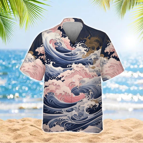 Wave & Peony Print Button Up  Hawaiian Shirt