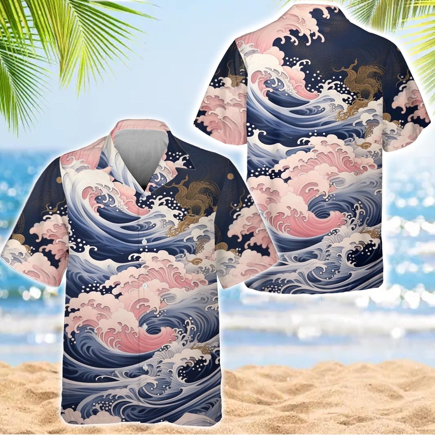 Wave & Peony Print Button Up  Hawaiian Shirt