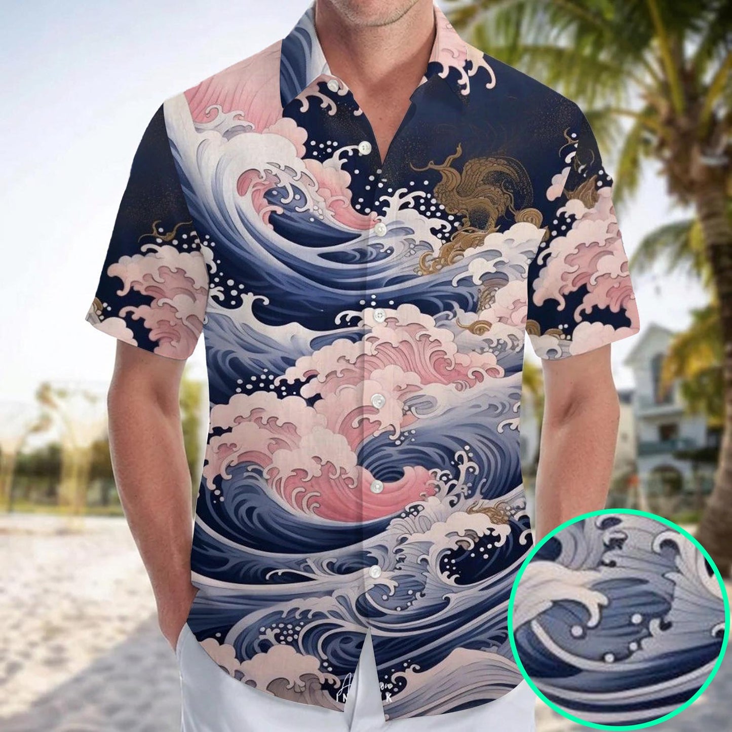 Wave & Peony Print Button Up  Hawaiian Shirt