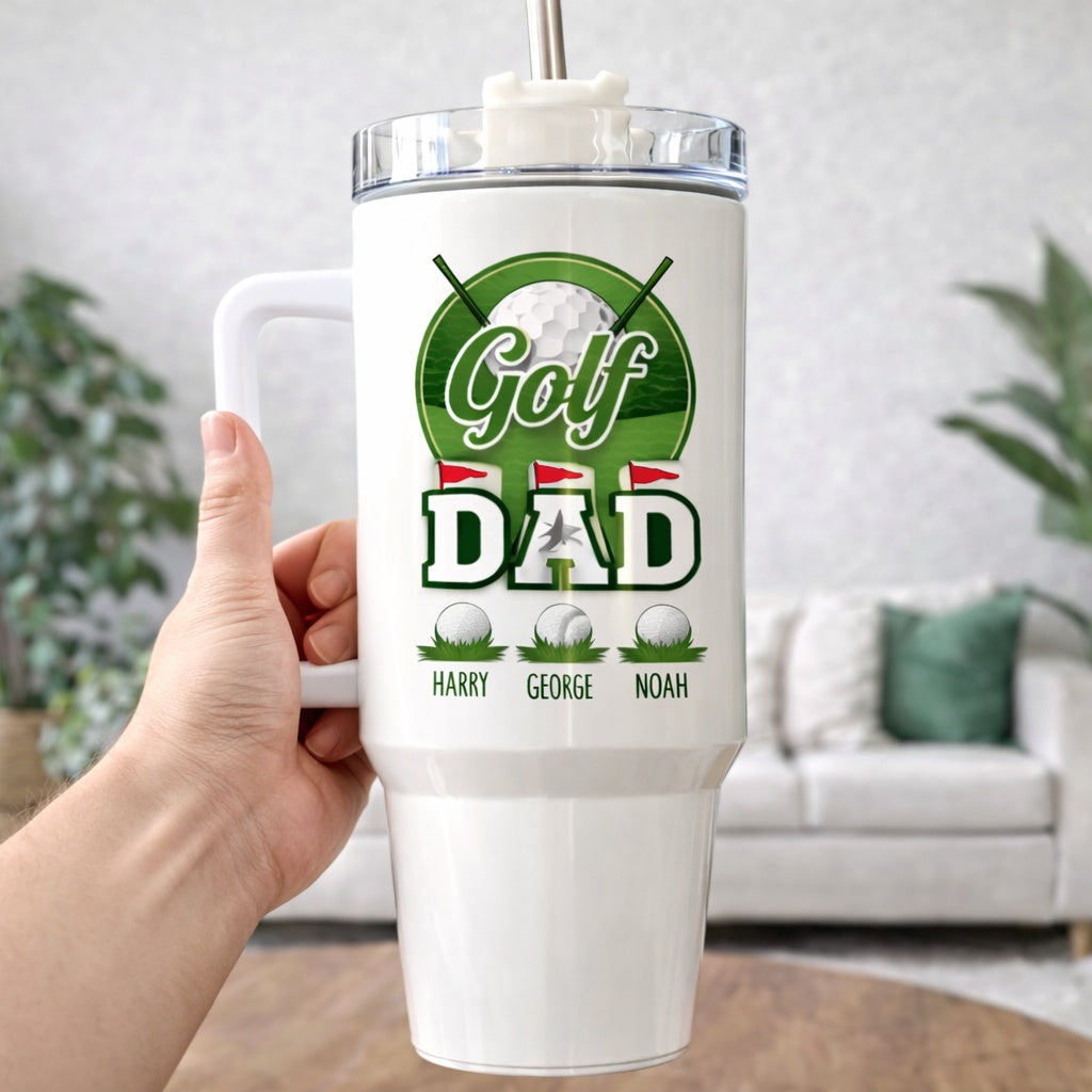 Dad Golf Tumbler 40oz, Custom Dad Kid Golf Tumbler, Printed Golf Tumblers With Handle, Mug Gift, Travel Cup TBGTP05