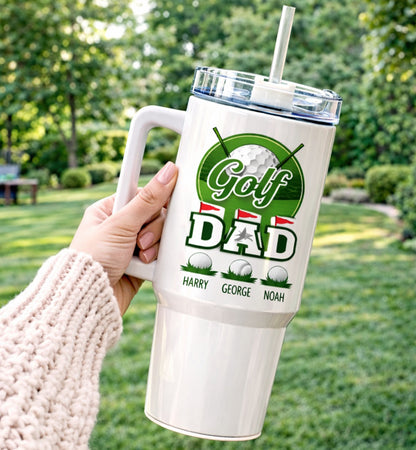 Dad Golf Tumbler 40oz, Custom Dad Kid Golf Tumbler, Printed Golf Tumblers With Handle, Mug Gift, Travel Cup TBGTP05