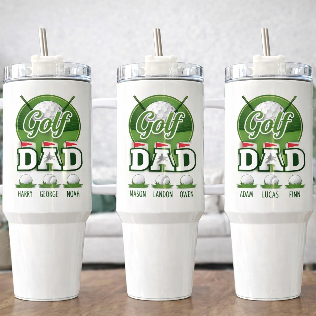 Dad Golf Tumbler 40oz, Custom Dad Kid Golf Tumbler, Printed Golf Tumblers With Handle, Mug Gift, Travel Cup TBGTP05