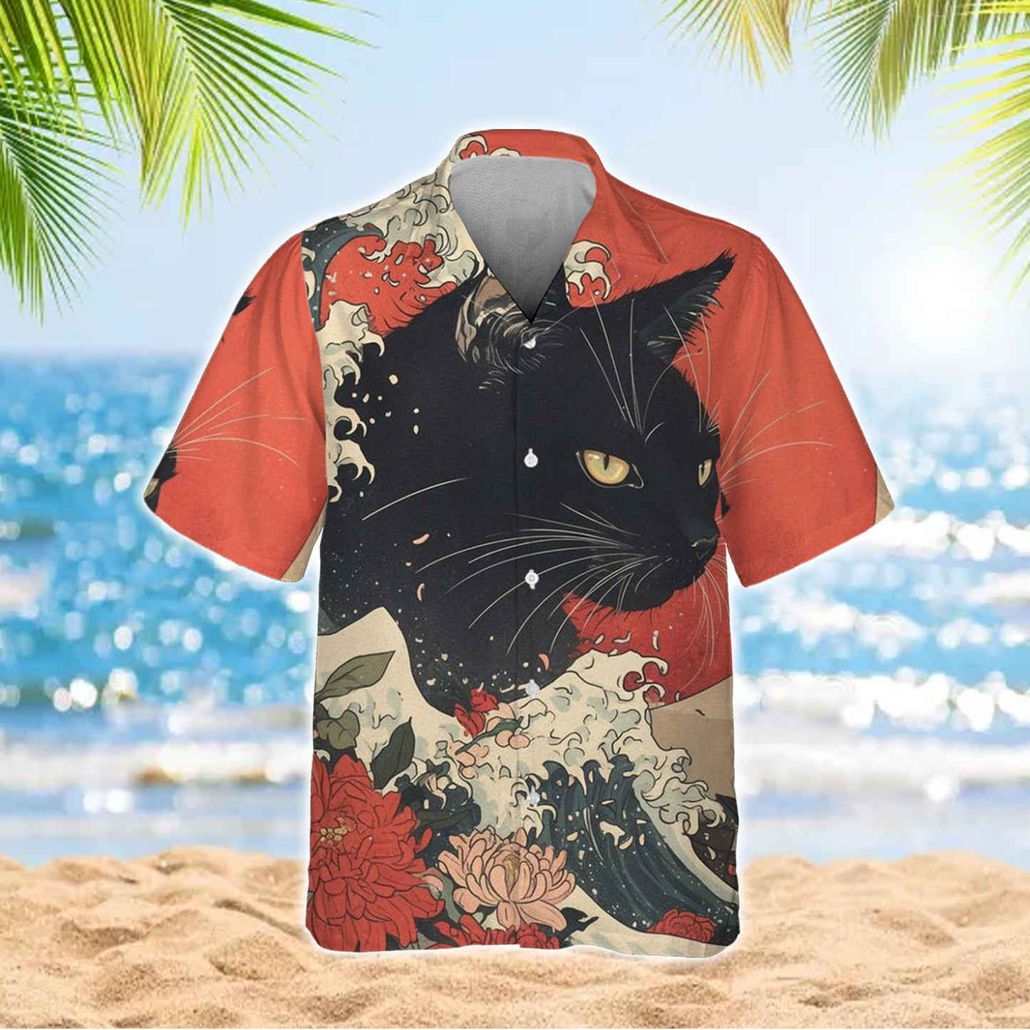 Black Cat Wave Hawaiian Shirt, Japanese Ocean Art Button