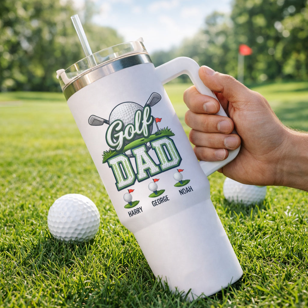 Dad Golf Tumbler 40oz, Custom Dad Kid Golf Tumbler, Printed Golf Tumblers With Handle, Mug Gift, Travel Cup TBGTP04