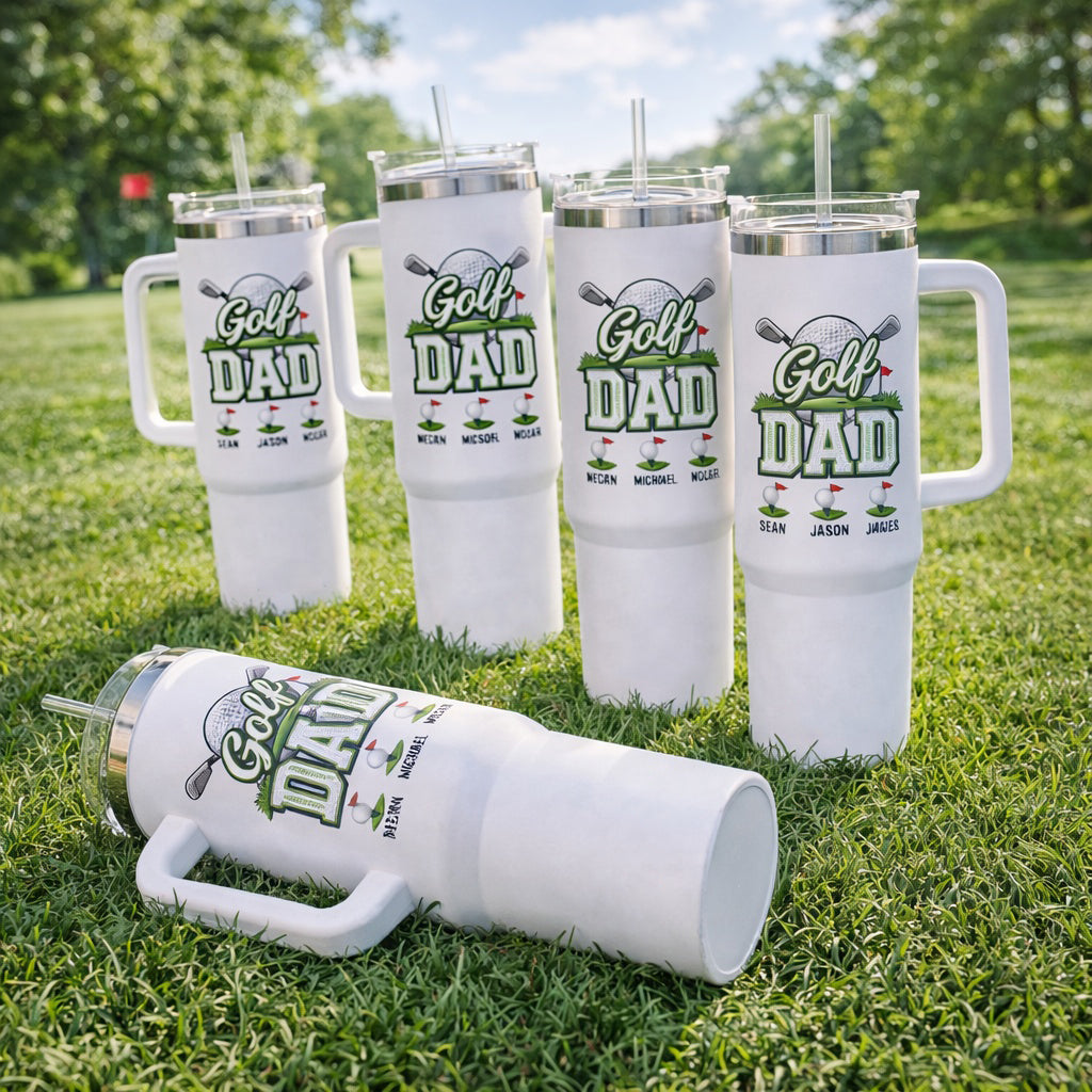 Dad Golf Tumbler 40oz, Custom Dad Kid Golf Tumbler, Printed Golf Tumblers With Handle, Mug Gift, Travel Cup TBGTP04