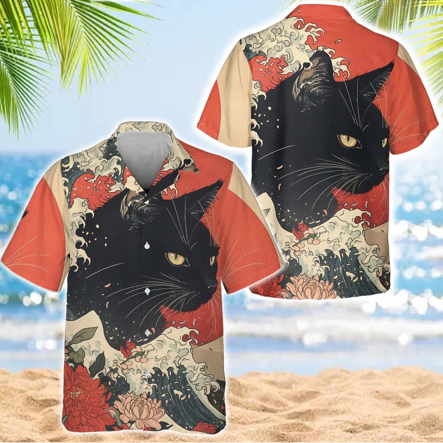 Black Cat Wave Hawaiian Shirt, Japanese Ocean Art Button