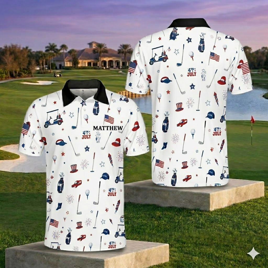 Patriotic Red White Blue Polo Shirt for Men, 4th of July Golf Polo