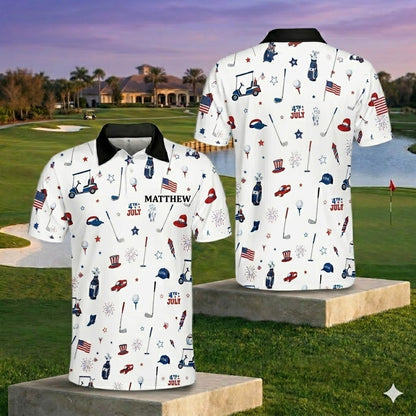 Patriotic Red White Blue Polo Shirt for Men, 4th of July Golf Polo