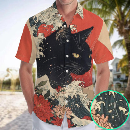 Black Cat Wave Hawaiian Shirt, Japanese Ocean Art Button