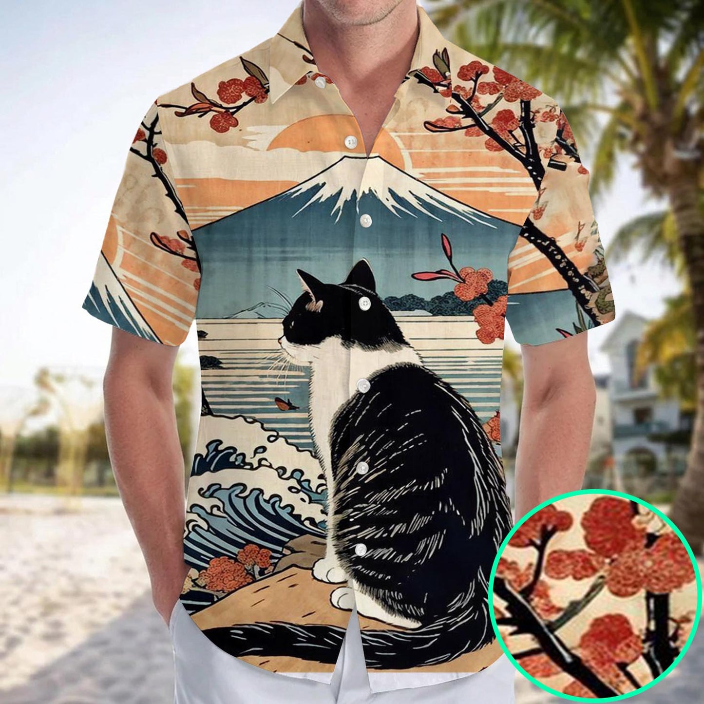 Caseyathletic Cat And Mount Fuji Hawaiian Shirt