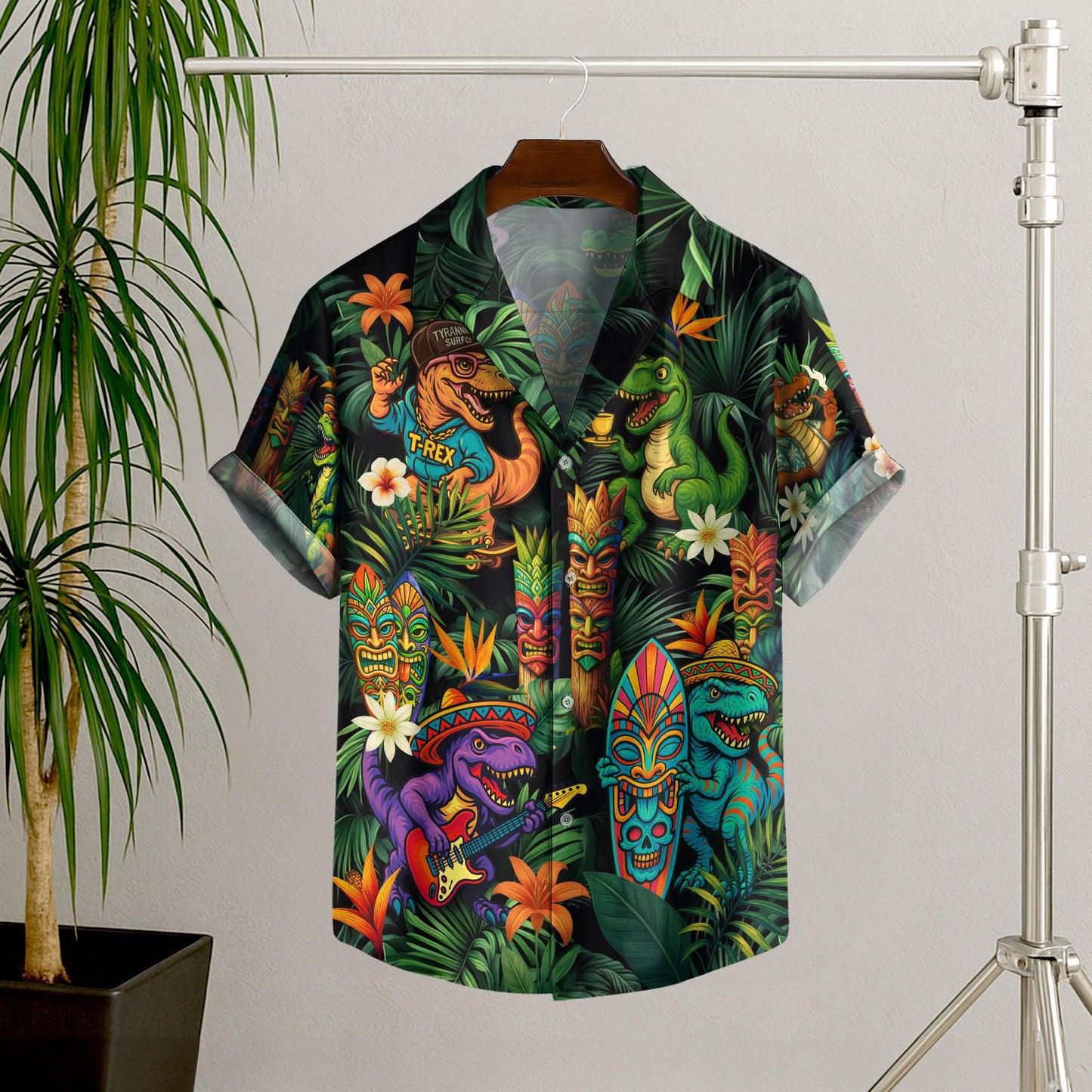 Dinosaur Tropical Hawaiian Tiki Shirts, Dinosaur Summer Beach Shirt