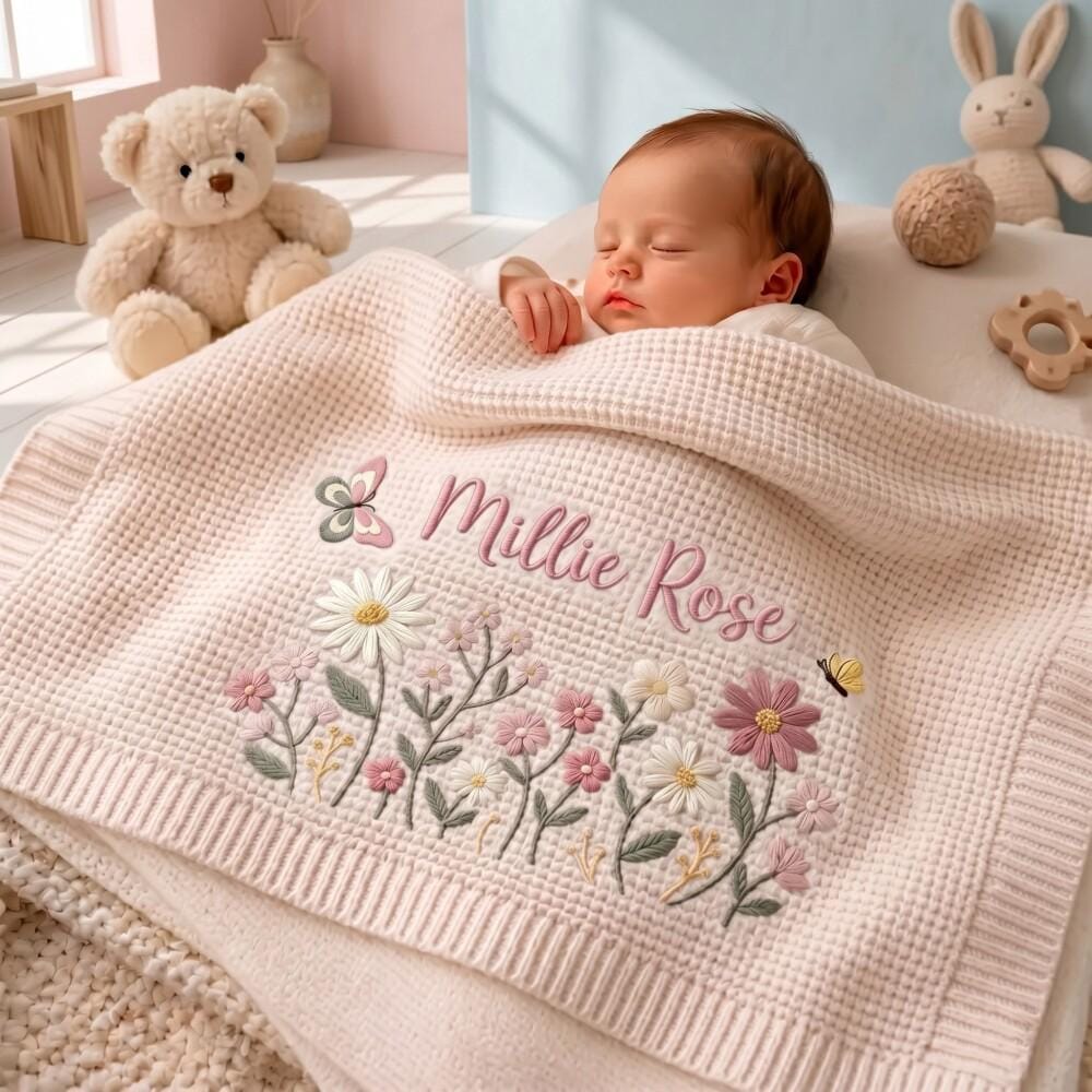 Personalize Embroidered Floral Baby Blanket