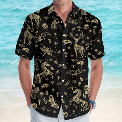 Gothic Skeleton Animals Button Shirt, Mythical Unicorn Bat Deer Shirt