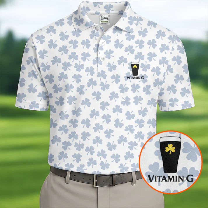 Vitamin G Shamrock Pattern Golf And Beer White Golf Shirt