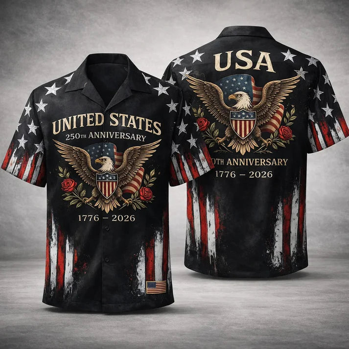 USA 250th Anniversary Hawaiian Shirt Eagle Rose Flag 1776-2026 Patriotic