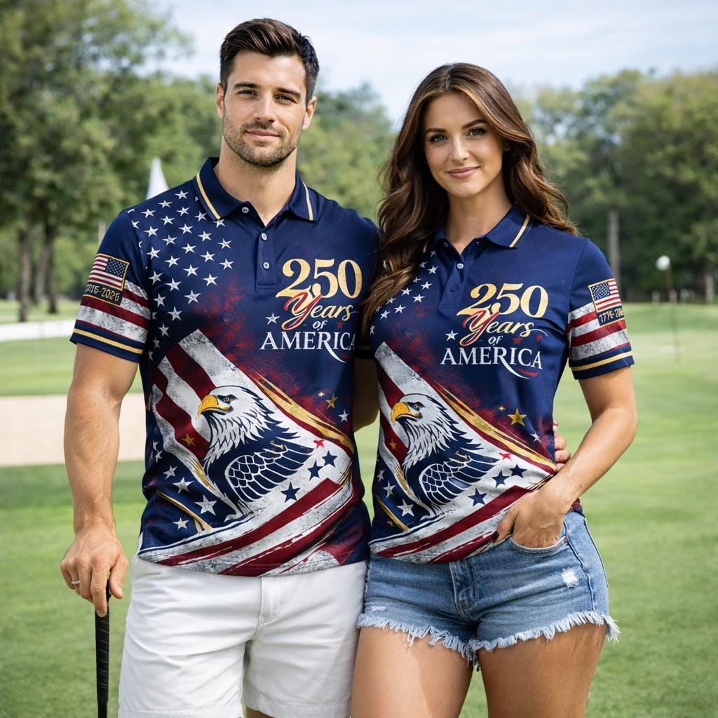 USA 250th Anniversary Couple Polo Shirt, American Flag 1776–2026 Patriotic Polo