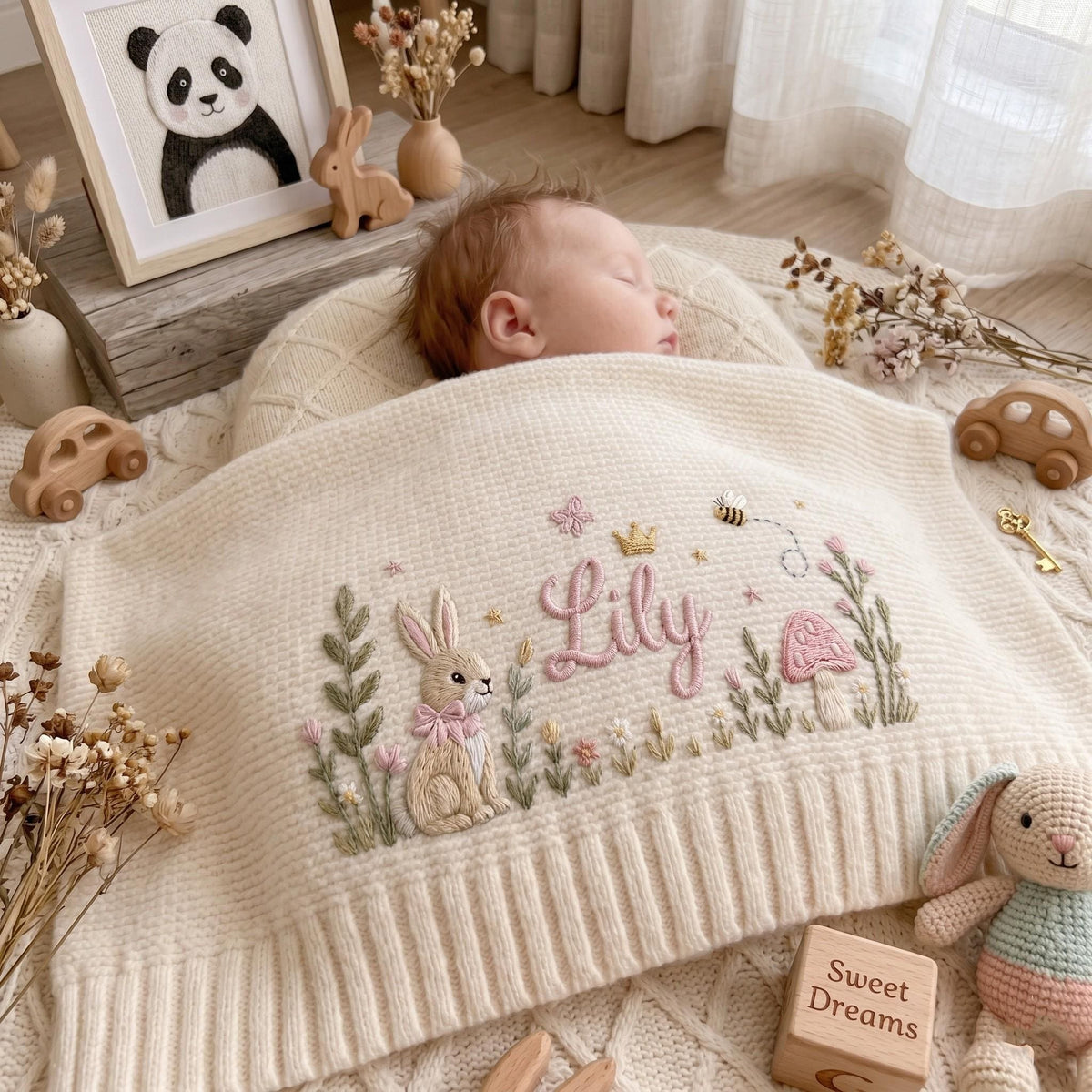 Personalized Embroidered Bunny Floral Baby Blanket