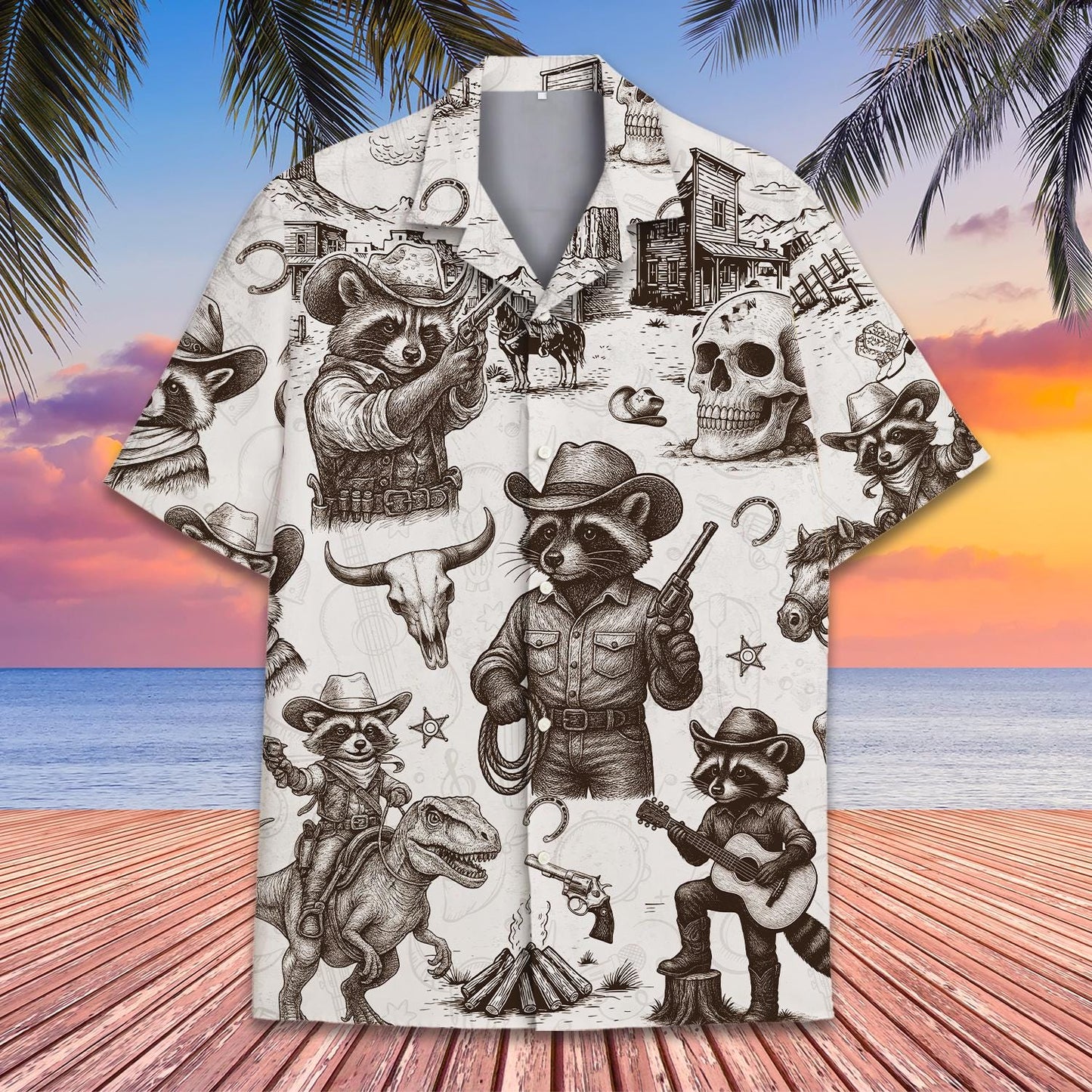 Cowboy Raccoon Hawaiian Shirt Men Women Youth, Funny Wild West Aloha Shirt