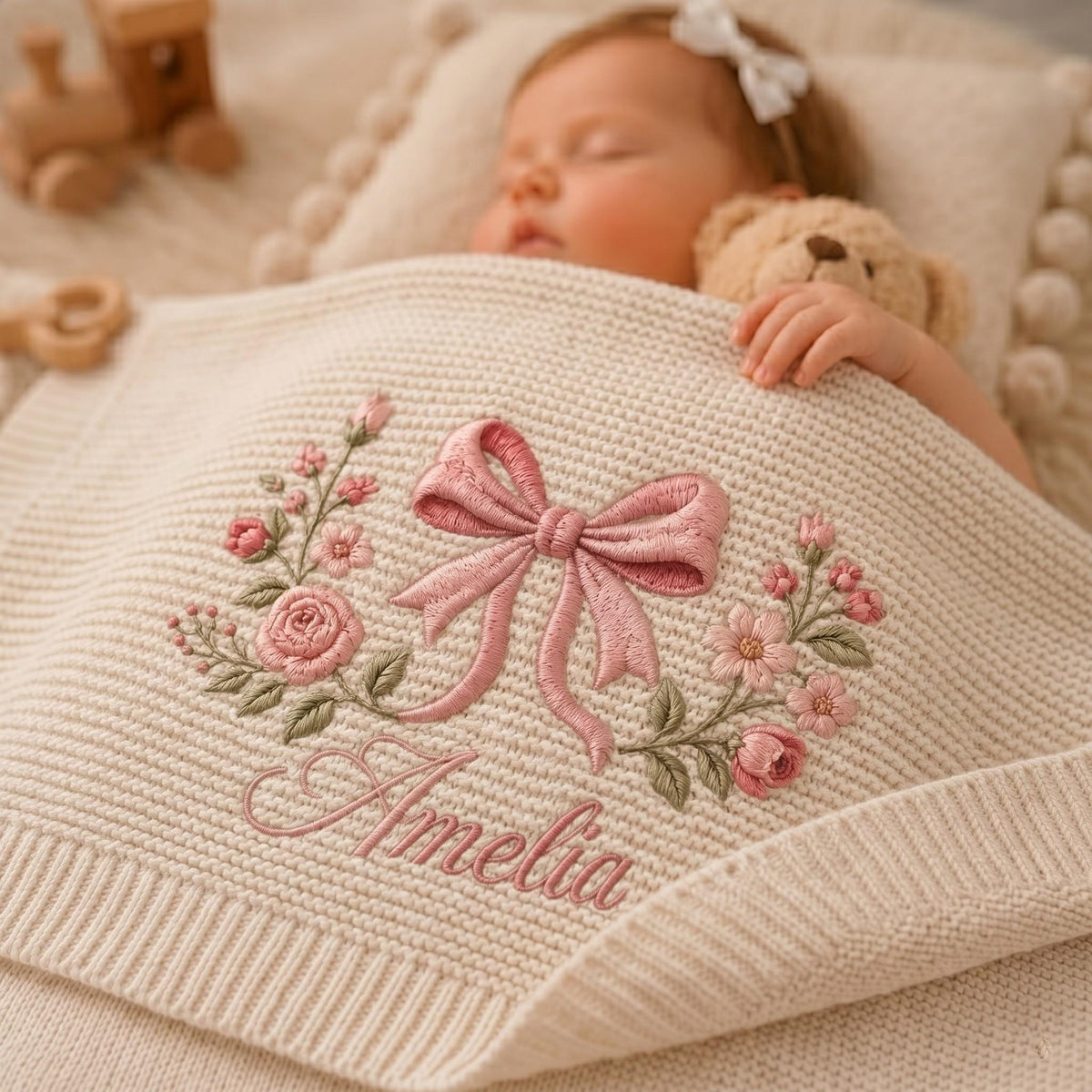 Personalized Coquette Bow Embroidered Knit Baby Blanket