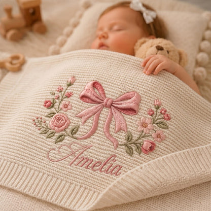 Personalized Coquette Bow Embroidered Knit Baby Blanket