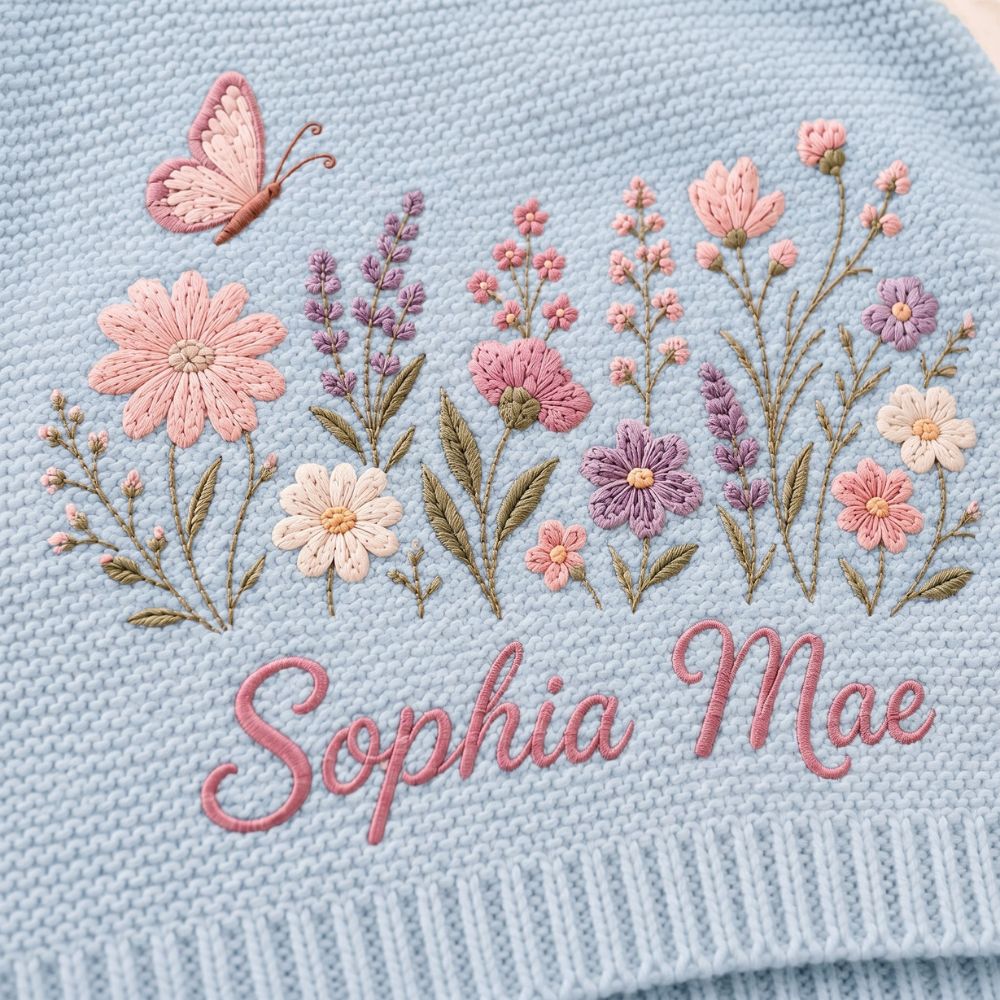 Personalized Embroidery Floral Knit Baby Blanket