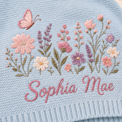Personalized Embroidery Floral Knit Baby Blanket