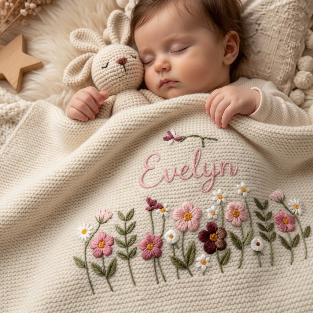 Personalized Embroidery Wildflower Baby Blanket with Name