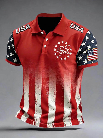 Vintage Distressed American Flag Polo, 1776–2026 Celebration Shirt
