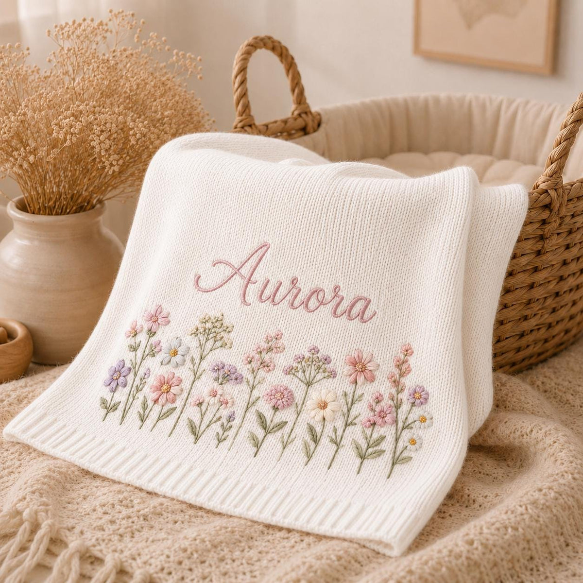 Personalized Embroidery Baby Blanket Flower Custom Name