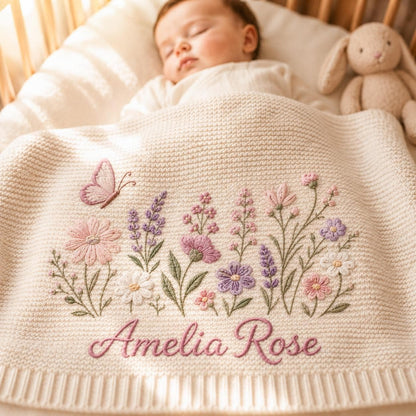 Personalized Embroidery Floral Knit Baby Blanket