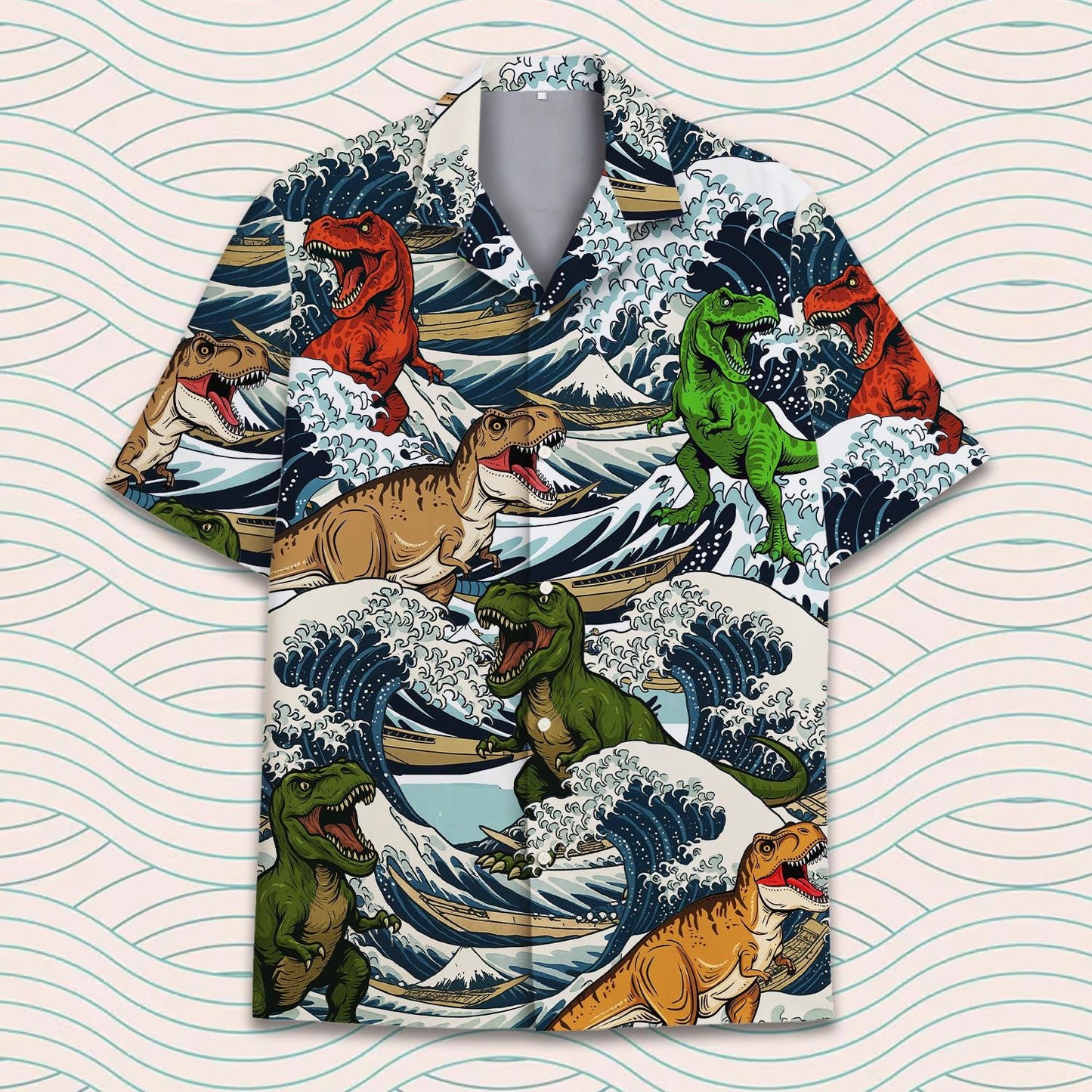 Dinosaur T-rex in Ocean Wave Shirt, Vacation Beach Shirt
