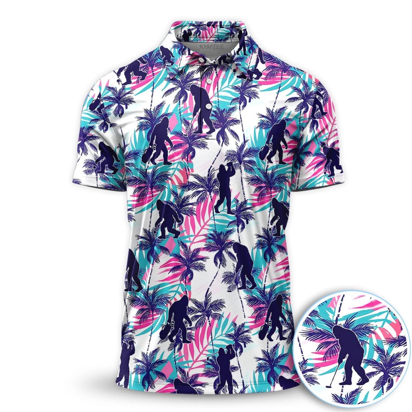 Bigfoot Golf Polo Shirt Men, Sasquatch Tropical Palm Golf Polo