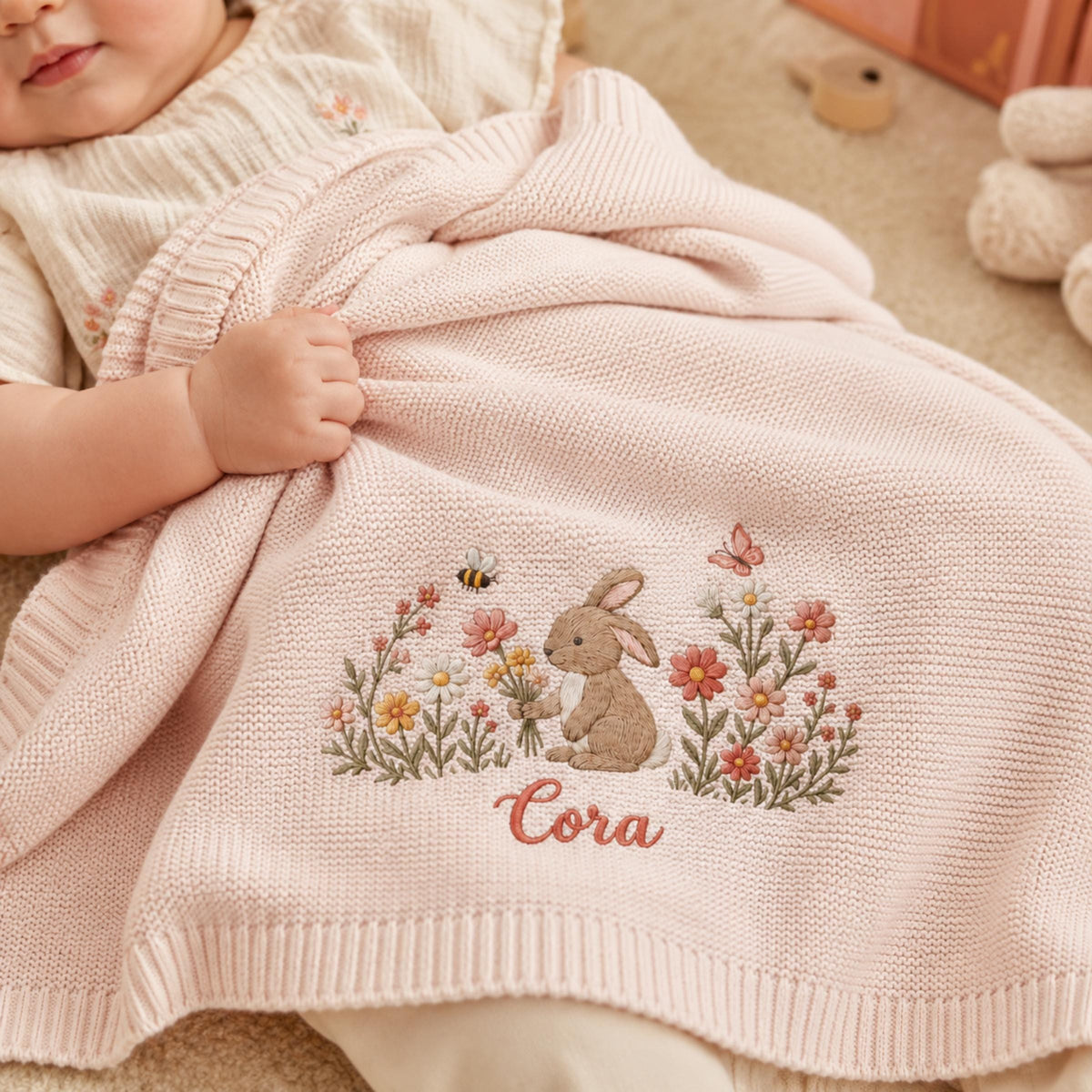 Custom Embroidered Bunny Floral Baby Name Blanket