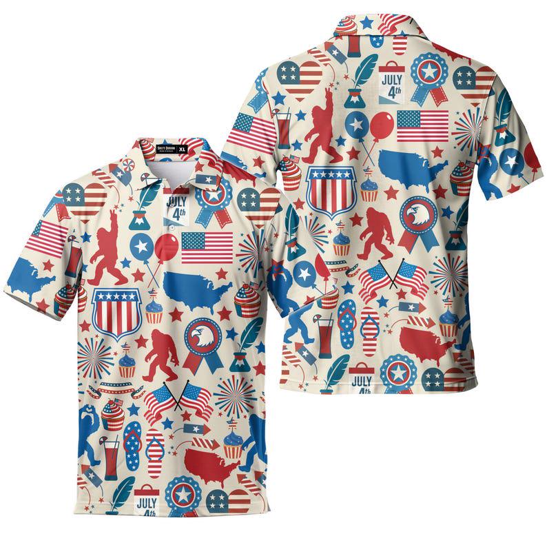 4th of July Bigfoot Polo Shirt, Patriotic USA Flag Sasquatch Golf Shirt for Men