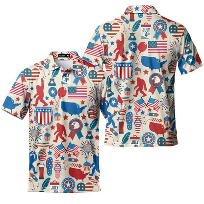 4th of July Bigfoot Polo Shirt, Patriotic USA Flag Sasquatch Golf Shirt for Men