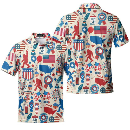 4th of July Bigfoot Polo Shirt, Patriotic USA Flag Sasquatch Golf Shirt for Men