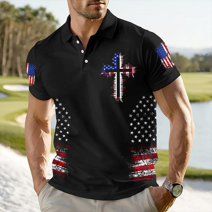 Christian Cross American Flag Polo Shirt for Men