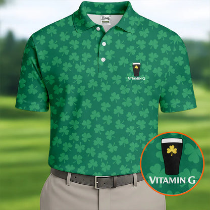 Vitamin G Shamrock Pattern Golf And Beer Green Golf Shirt