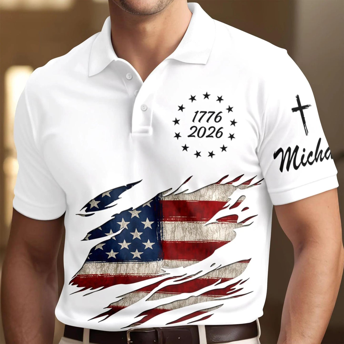 USA 250th Anniversary Polo Shirt 1776-2026, USA Flag Ripped Design Polo